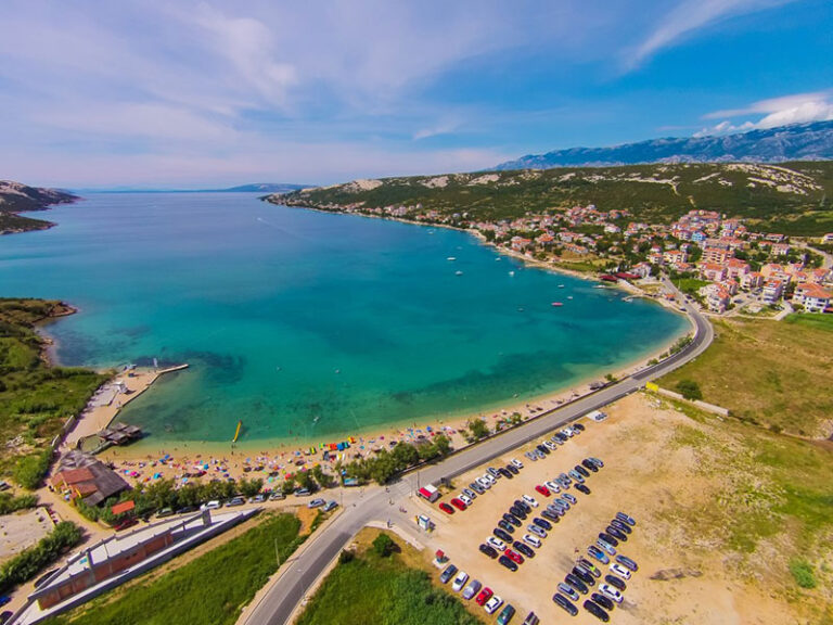 Aerial view of Planjka (Trinćel) beach in the bay of Stara Novalja