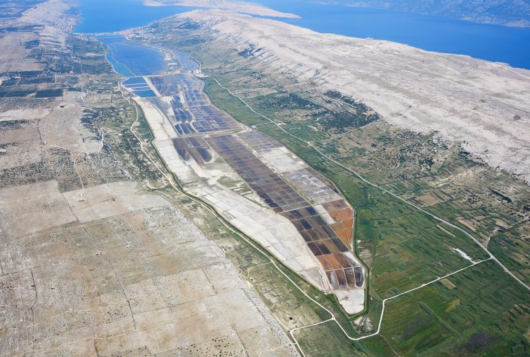 Aerial view of the Pag salt evaporation ponds (Solana Pag)