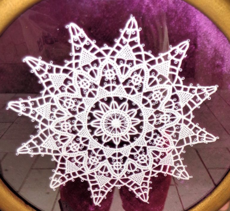 A framed piece of Pag lace (paska cipka)
